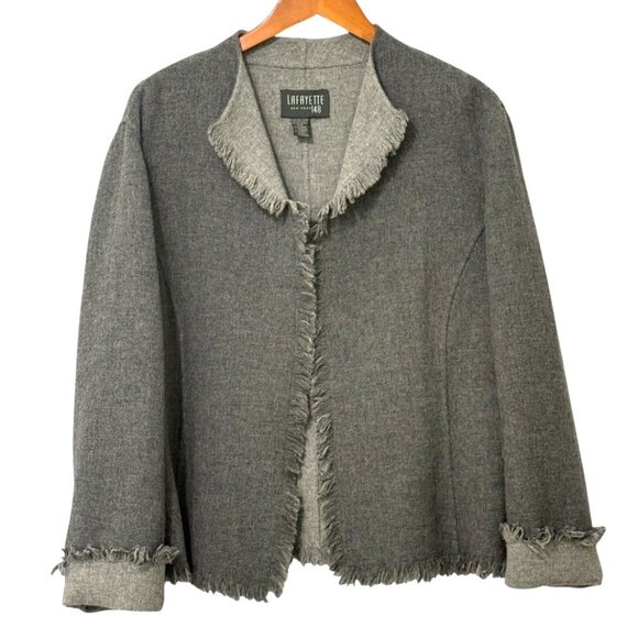 LaFayette 148 Womens Open Wool Blend Jacket Gray Fringe Detail Boxy Size L / XL? - Picture 11 of 11